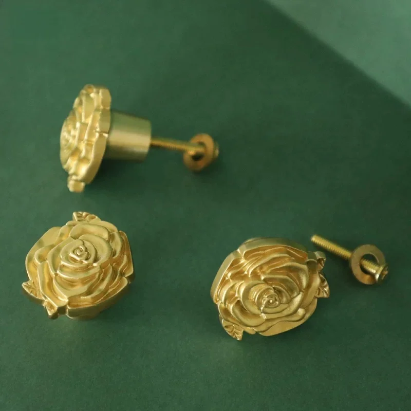 Solid Brass Camellia Single Hole Knob, French Floral Drawer Cabinet Handle