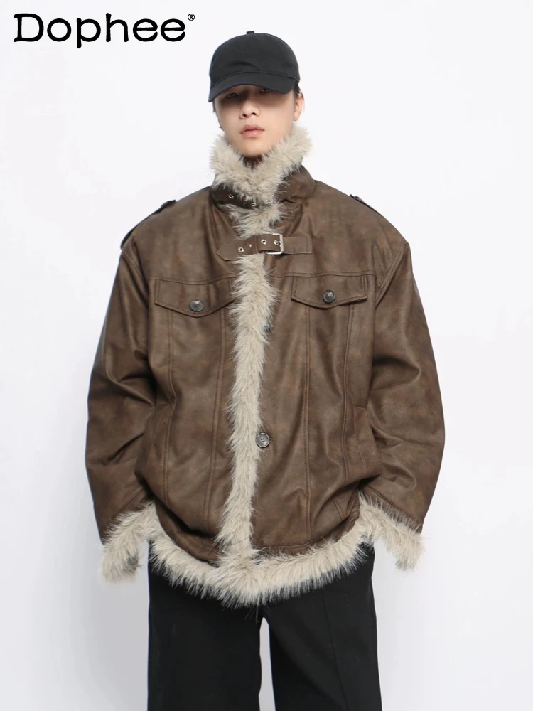 Men's 2024 Winter New Warm Fur Integrated High-end Fur Collar Men's Trendy American Style Retro Splicing Faux Leather Jackets