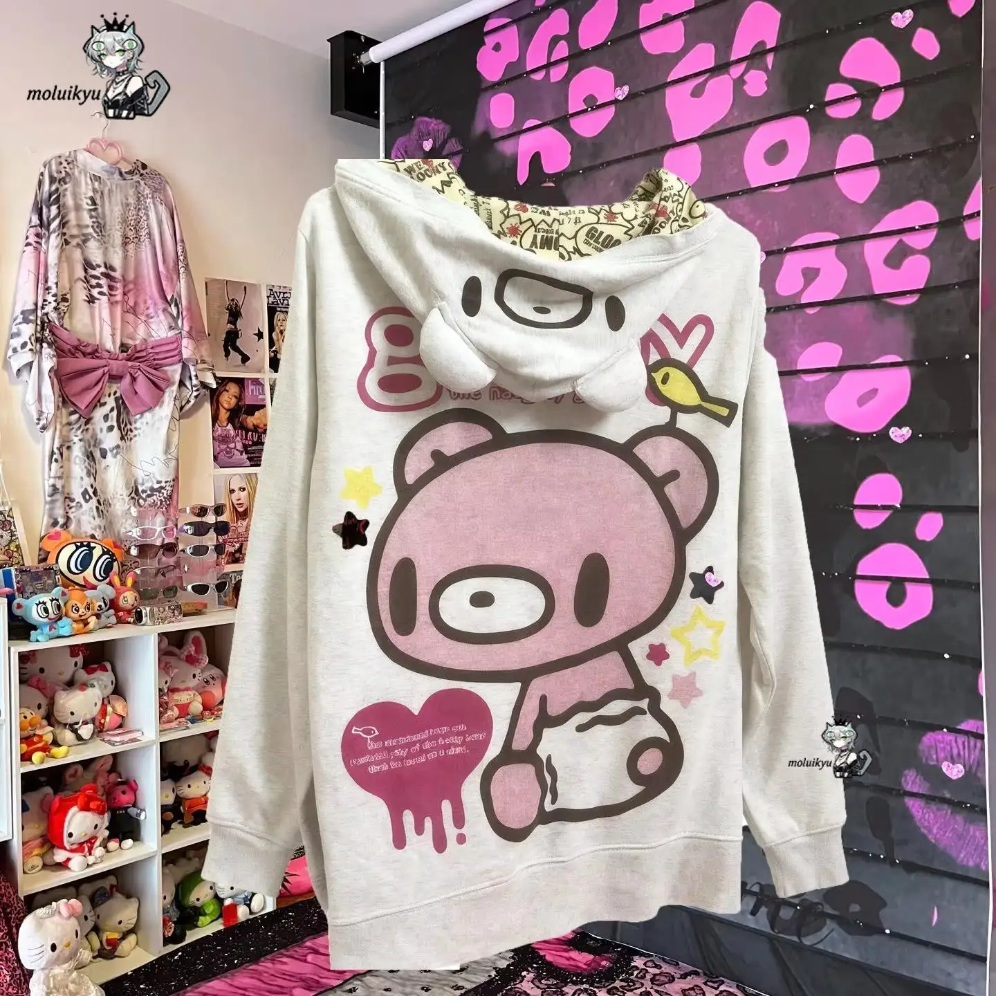 Retro Cartoon Gloomyed Bear Hoodie Women Sweet Zip Sweatshirt Long Sleeve Fleece Fleece-Lined Jacket Autumn Winter Subculture