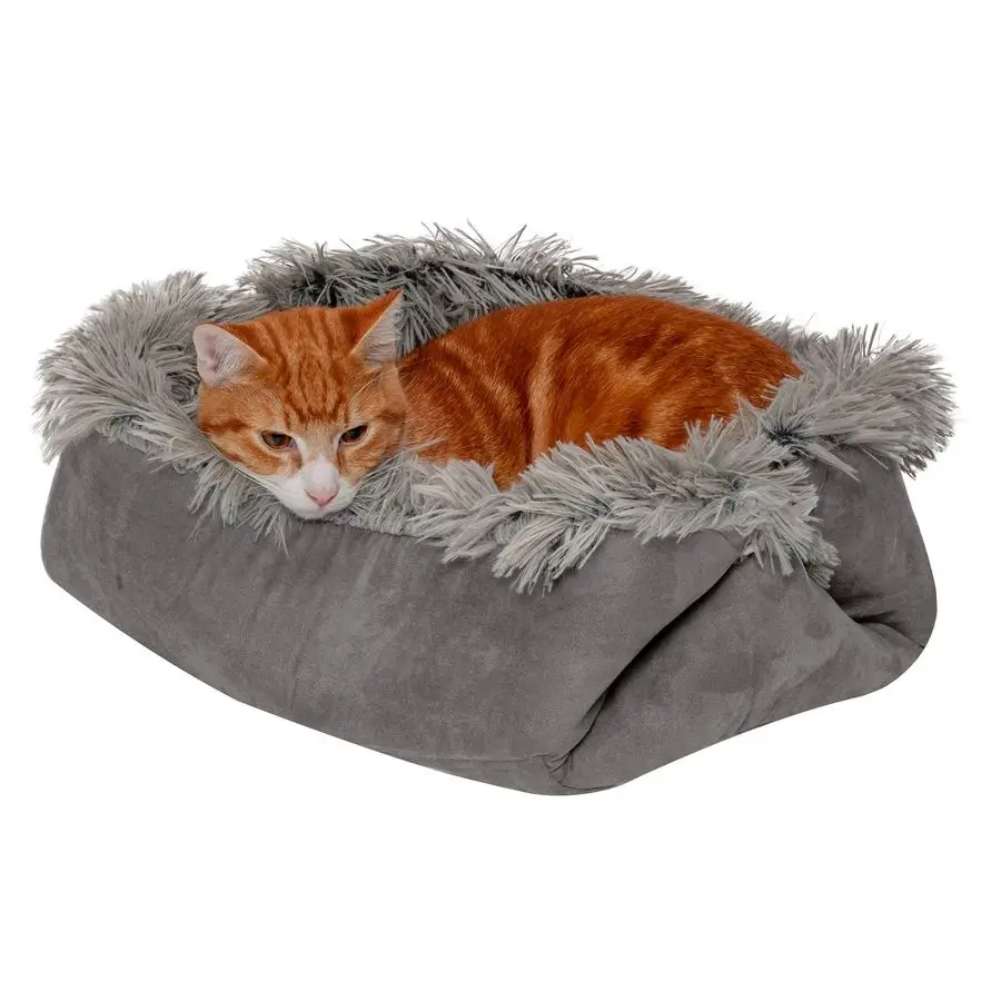 

SelfWarming Cat Bed for Indoor Cats, 4Bedsin1 amp Washable Plush Long Faux Fur Convertible Cuddler Gray, Small