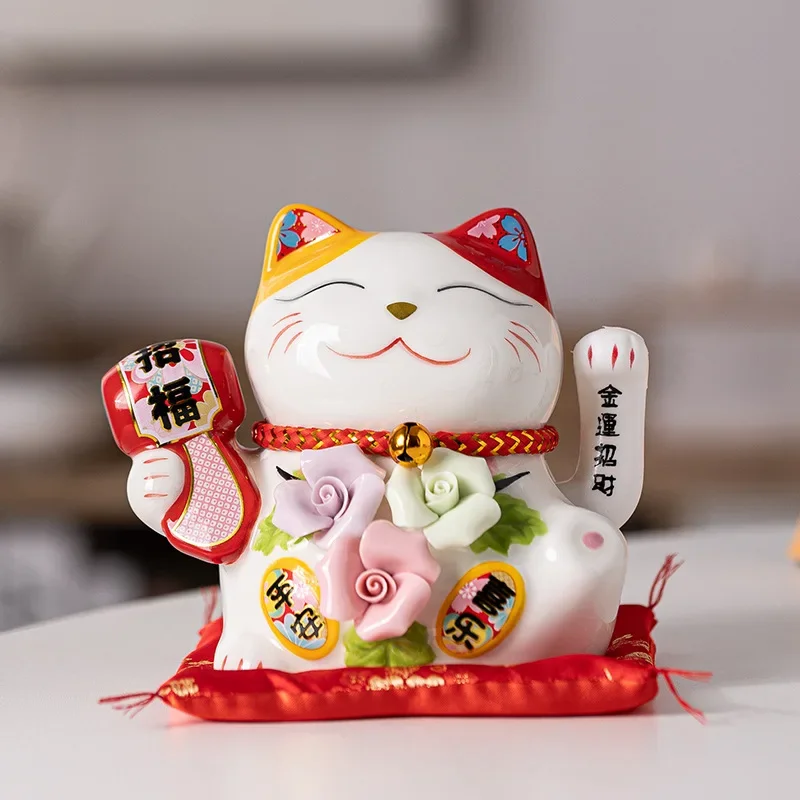 Ceramic Piggy Bank Creative Cute Hand Pinch Pattern Color Cat Automatic Shaking Head Desk Living Room Home Decoration