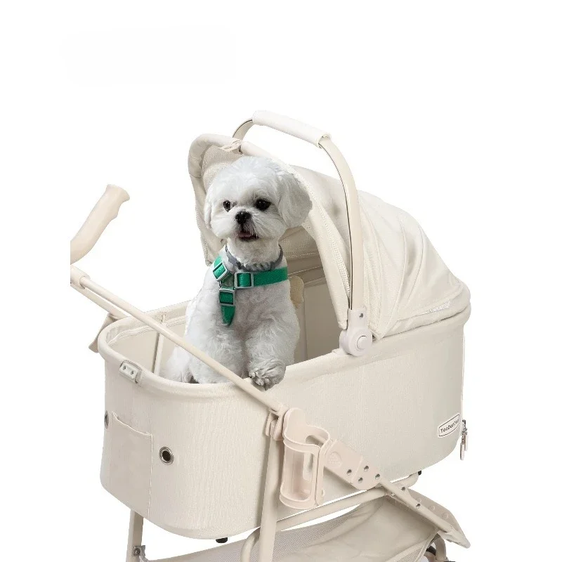 Dog walking big white cart, separated cat going out small dog cart