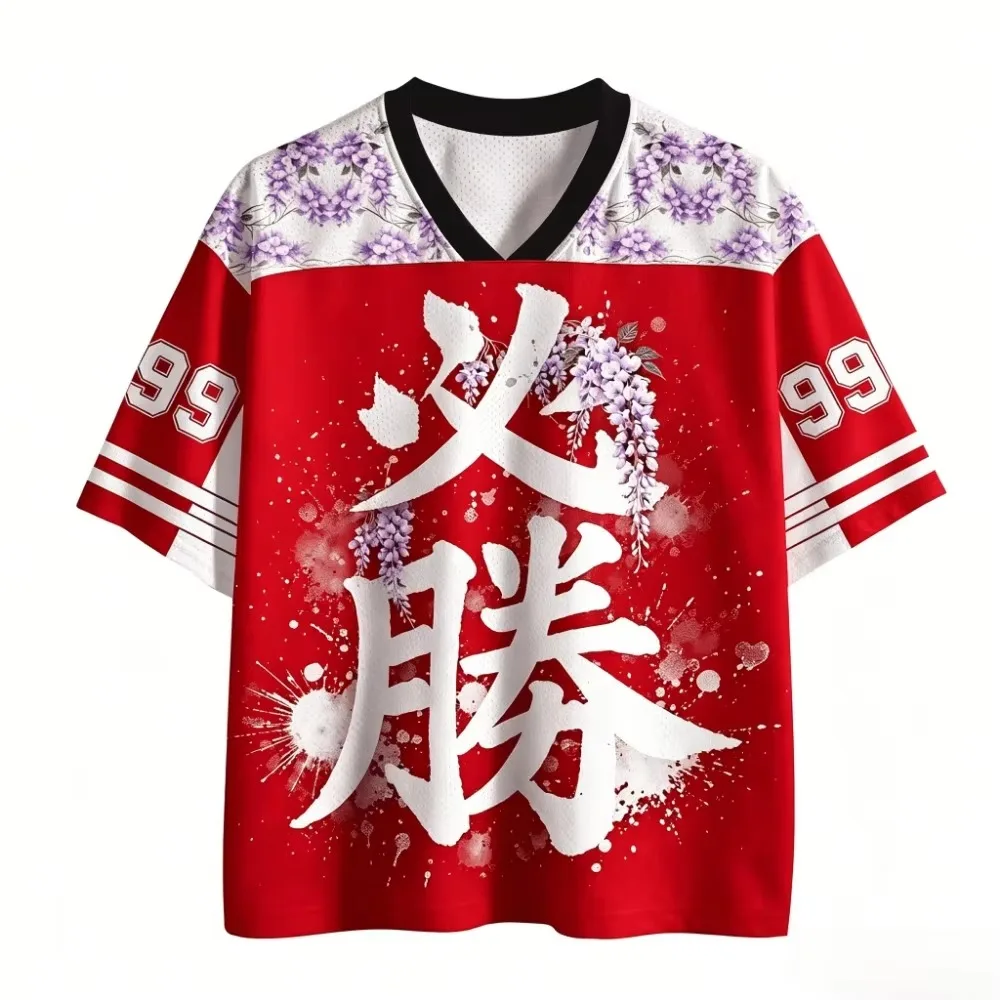 Men's Breathable Summer Mesh V-Neck T-Shirt With Wisteria“Victory”Print—Perfect For Hip-Hop Parties And Everyday Casual Wear