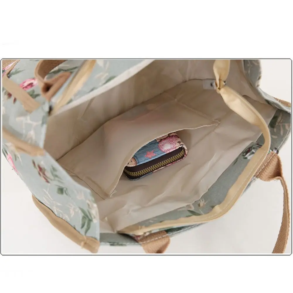 Portable Insulated Floral Print Lunch Bag Foil Lining Flower Thermal Picnic Bag Large Capacity Zippered Tote Bag Worker