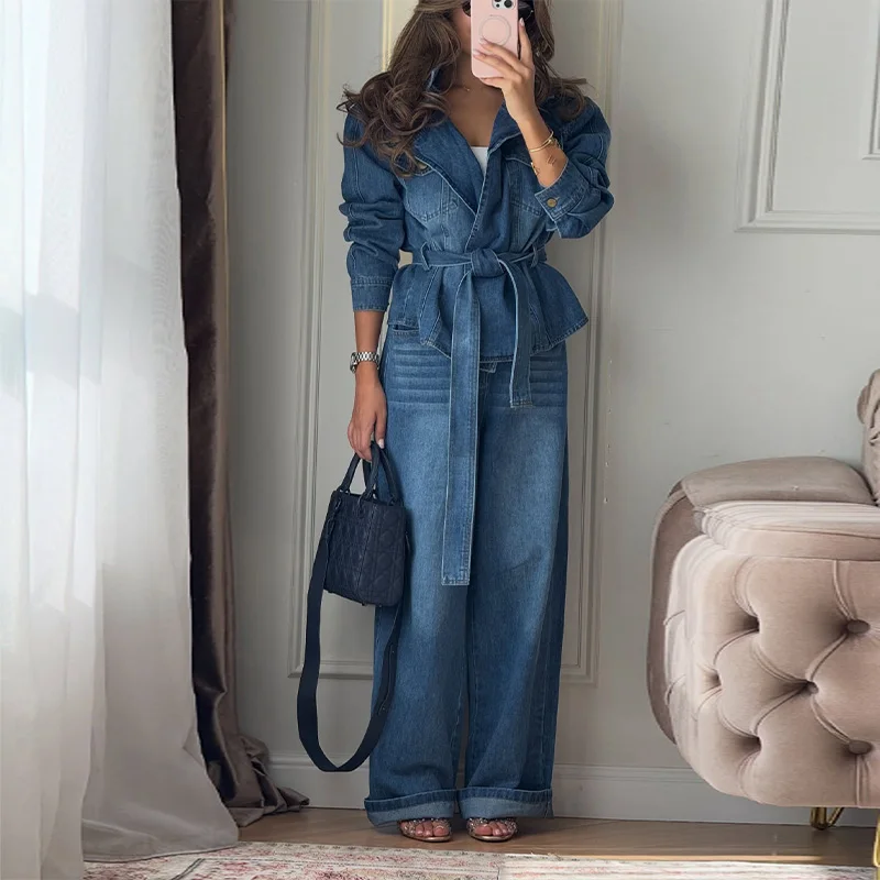 Revers-Taillenbetonende Schnür-Jeansjacken-Hosen-Sets für Damen, Street-Style, Langarm-Slim-Jacken, Weitbein-Hosen, Schicke Damen-Outfits – Detail 2