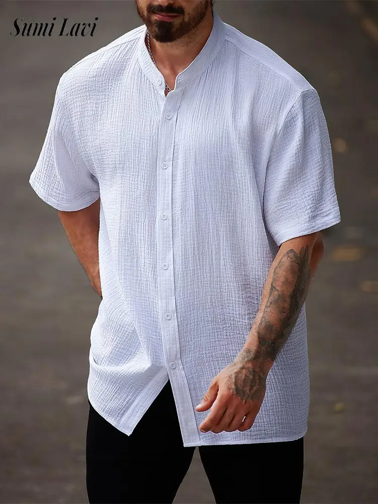 

2025 Summer Casual Breathable Men's Shirt Tops Daily Leisure Loose Short Sleeve Shirts Men Vintage Stand Collar Buttoned Shirts