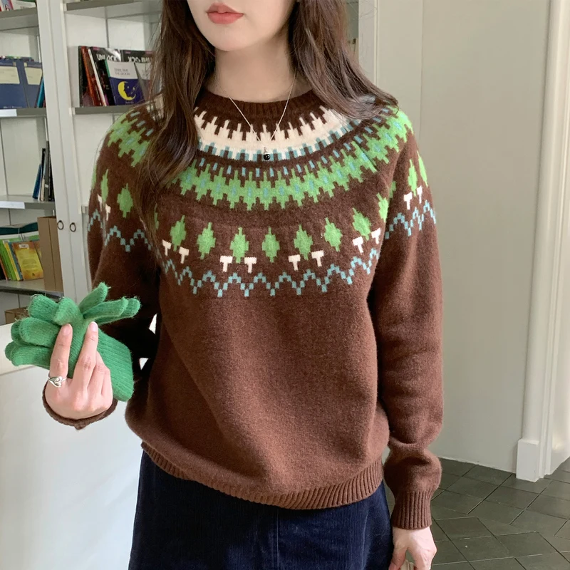 Retro Fel Island Jacquard Sweater Women's 100% Wool Round Neck Knitted Pullover Loose Contrast Color Autumn/Winter Women's Top