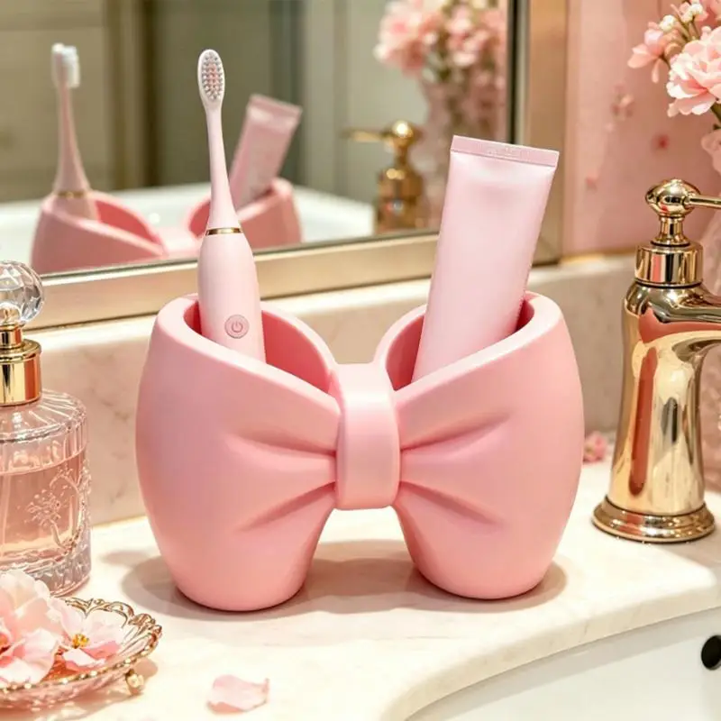 Bow Shaped Toothpaste Toothbrush Holder Multifunctional Bathroom Countertop Storage Rack For Washstand Vanity Decor Organizer