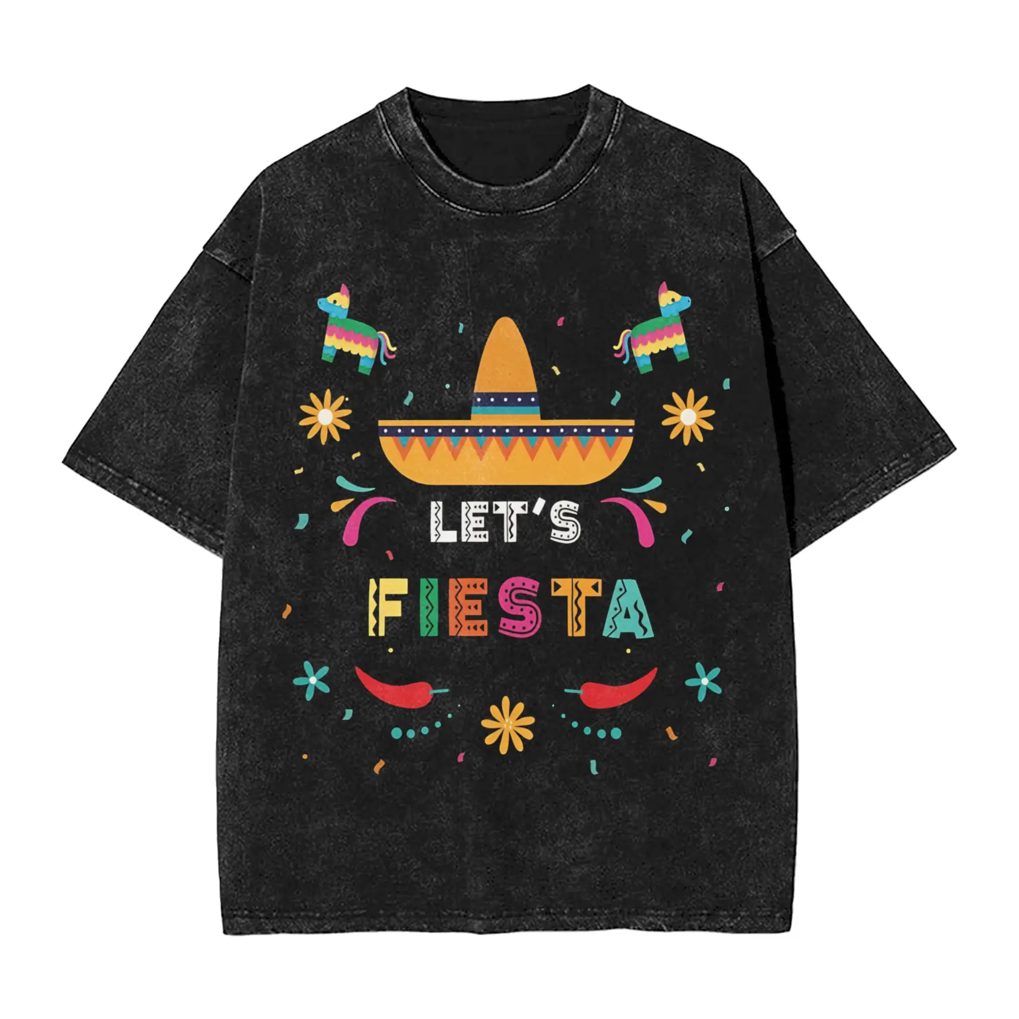 Camisetas Lavadas Lets Fiesta, Estilo Urbano, Hip Hop, Retro, Camisetas Mexicanas del Cinco de Mayo para Hombre y Mujer, Talla Grande, Verano