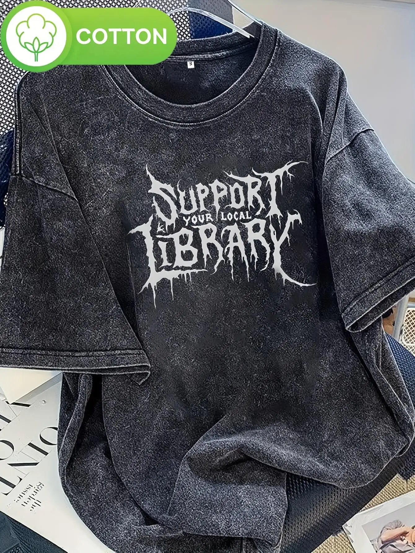 Men's Retro 'Support Local Libraries' Printed Short-Sleeve T-Shirt - Worn-in Washed T-shirt, Breathable Summer Casual Top, Machine-Washable Round-Collared Shirt, Library Lover Apparel, Bold Text Design, Soft Fabric Touch, Loose-Fitting Shirt, Durable