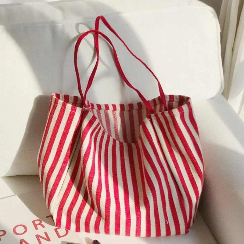 Gestreifte Einzelschultertasche aus Segeltuch für Damen, große Kapazität, lässige Tragetasche, Reiseaufbewahrung, Handtasche, Einkaufstasche
