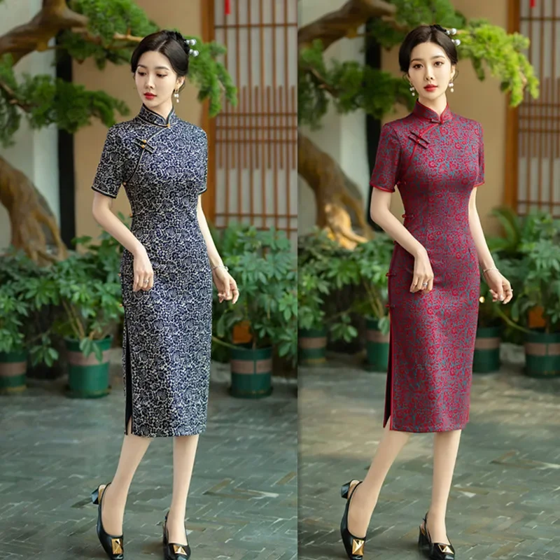 

Старый Шанхай, ретро китайский стиль, жемчужное хлопковое платье Ципао с короткими рукавами, весна/лето 2023, новое женское большое платье Ципао Cheongsam