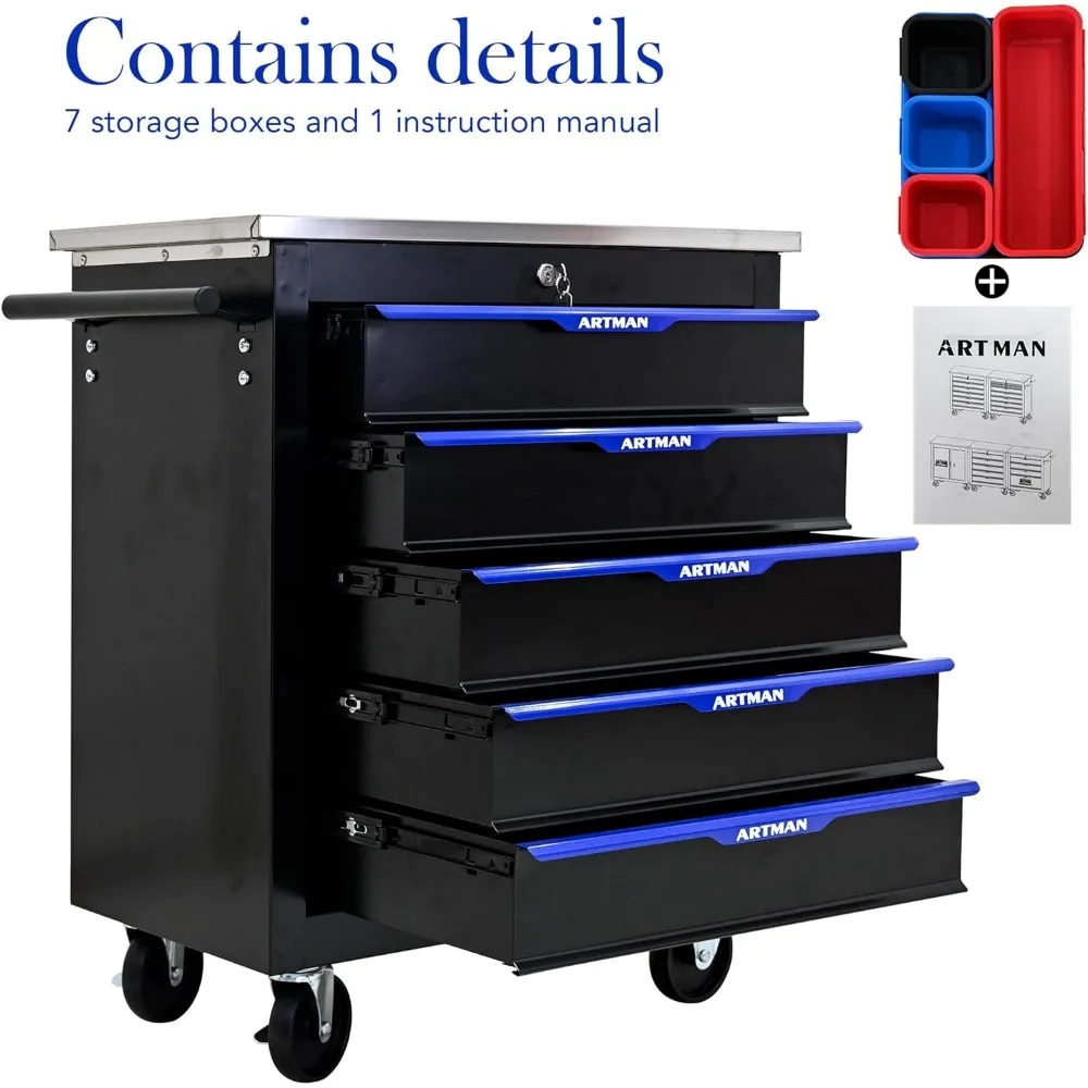 5段引き出し付きローリングツールカート、ガレージや倉庫の整理整頓用モバイル収納キャビネット