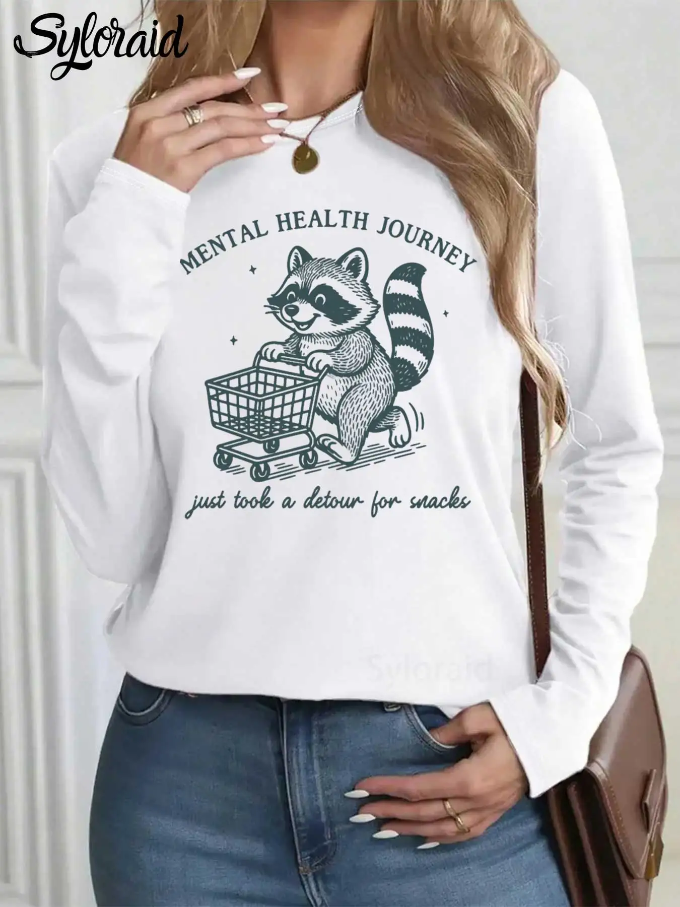 

Women's Long Sleeve T Shirt Trendy Funny Mental Health Raccoon T Shirt Fashion Round Neck Casual Top