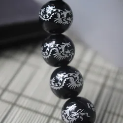 10Piece/lot 8mm 10mm 12mm 14mm Glass Beads Black Color with Carving  Silver Color Dragon  Fashion Beads For Jewelry Making