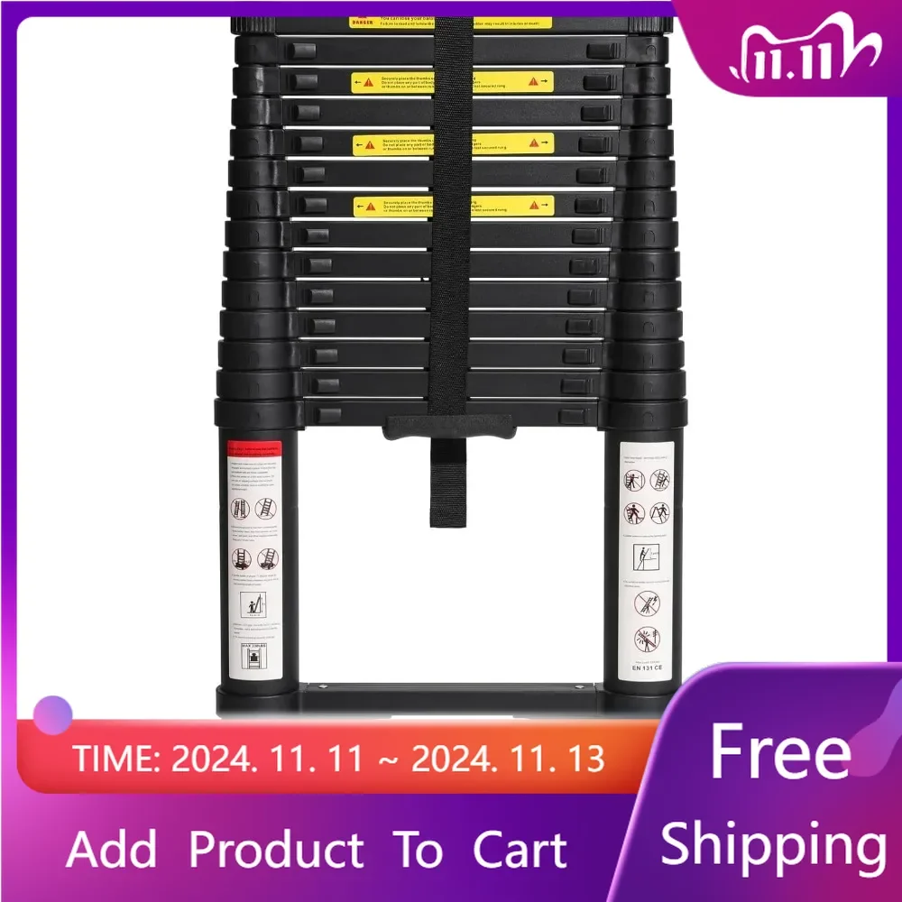 Tangga teleskop aluminium 14.5 kaki, ekstensi lipat multi-guna ringan dengan 2 stabilizer segitiga, kapasitas 330 lbs