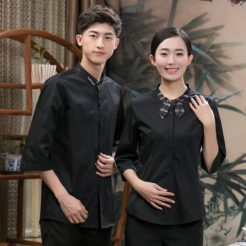 Three-Quarter Short Sleeve Chinese Waiter Workwear Catering Hot Pot Wine Restaurant Summer