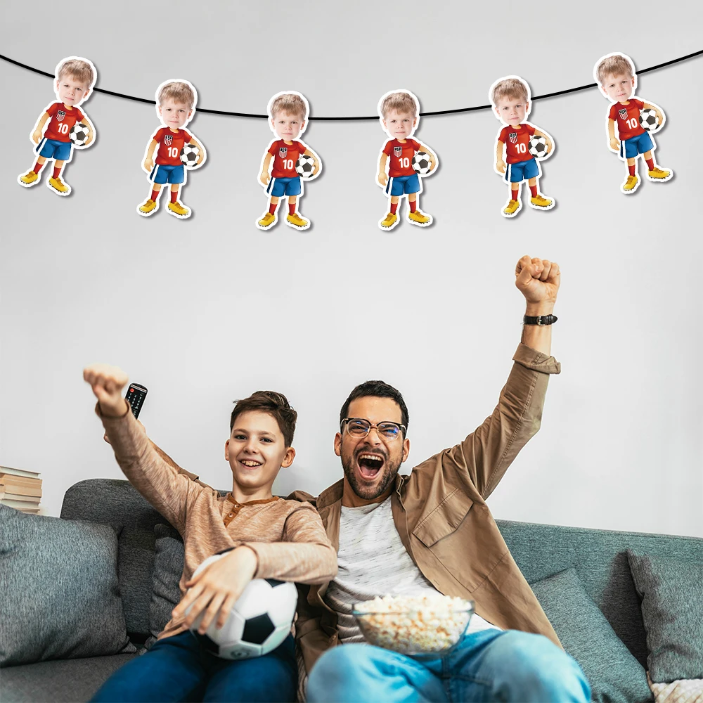 Individuell gestaltetes Fotobanner mit Fußballspieler-Motiv, perfekt für Fußball-Geburtstagsfeiern, Partyzubehör. – Detail 4