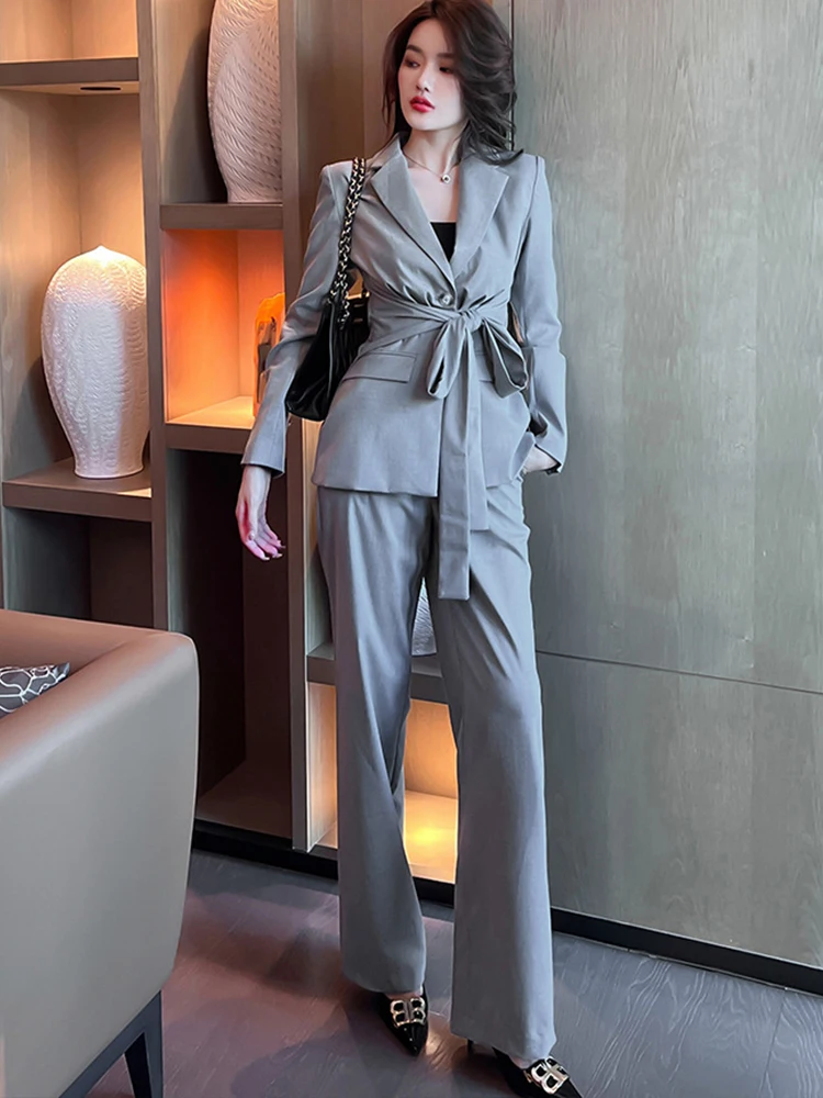 Vestito per le donne 2023 Casual OL professionale grigio cintura tessuta blazer pantaloni lunghi femminili set ufficio lavoro lavoro Femme vestiti