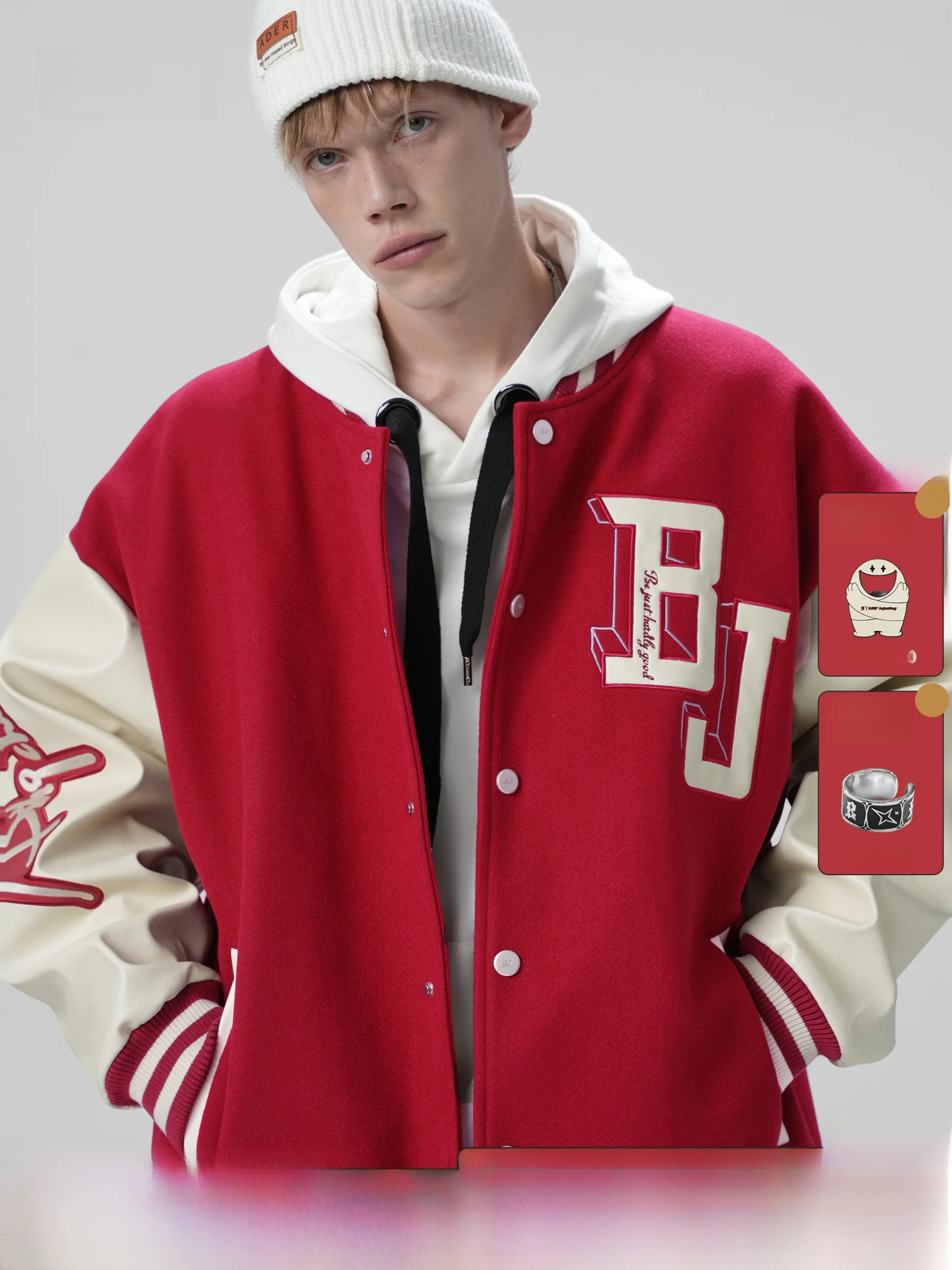 

BJHG American Retro Baseball Jaet Men's Spring Autumn Trendy Brand Couple's Jaet Loose Fit Embroidered Cuff Polyester