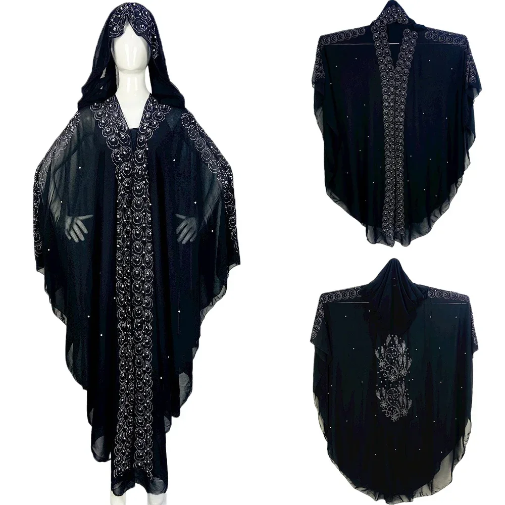 

Open Kaftan Outfit Hooded Abaya Chiffon Stones Dress Dubai Turkey Muslim Women Beads Luxury Cardigan Boubou Islamic Clothing