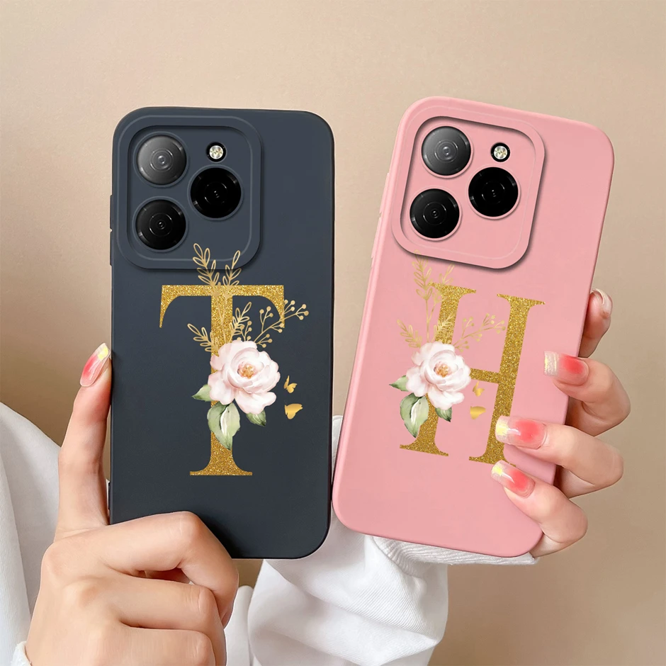 Case For Tecno Spark 20 Pro 4G 5G Art Flower 26 Letters Liquid Silicone Soft Shockproof Cover For TecnoSpark 20Pro 4G 5G Fandas