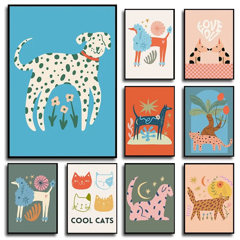 Funny Animal Spotted Dog Poodle Cat Poster Boho Minimalist Cartoon Canvas Art Painting Wall Kid Toddler Playroom Nursery Deco