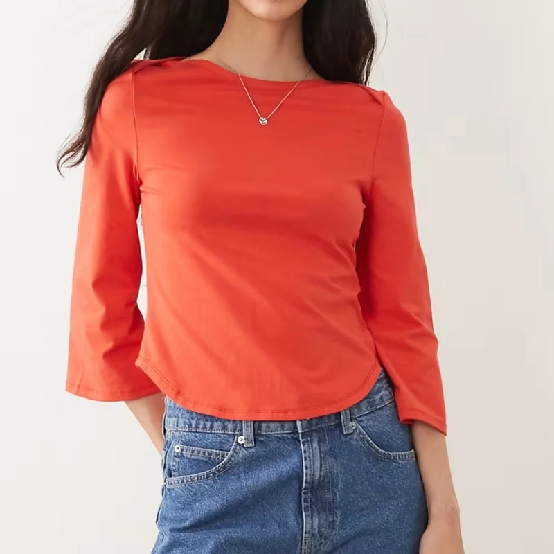 Women Boat Neck 3/4 Flare Sleeve T‑Shirt Casual Solid Color Curved Hem Cropped Top Spring Slim Fit Blouse Daily Basic Tee Shirts