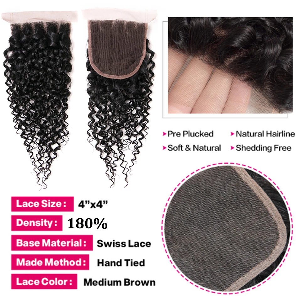 Bundles de cheveux humains indiens avec fermeture frontale, extension de cheveux crus, Kinky Curly, 12A, offres groupées, 3/4