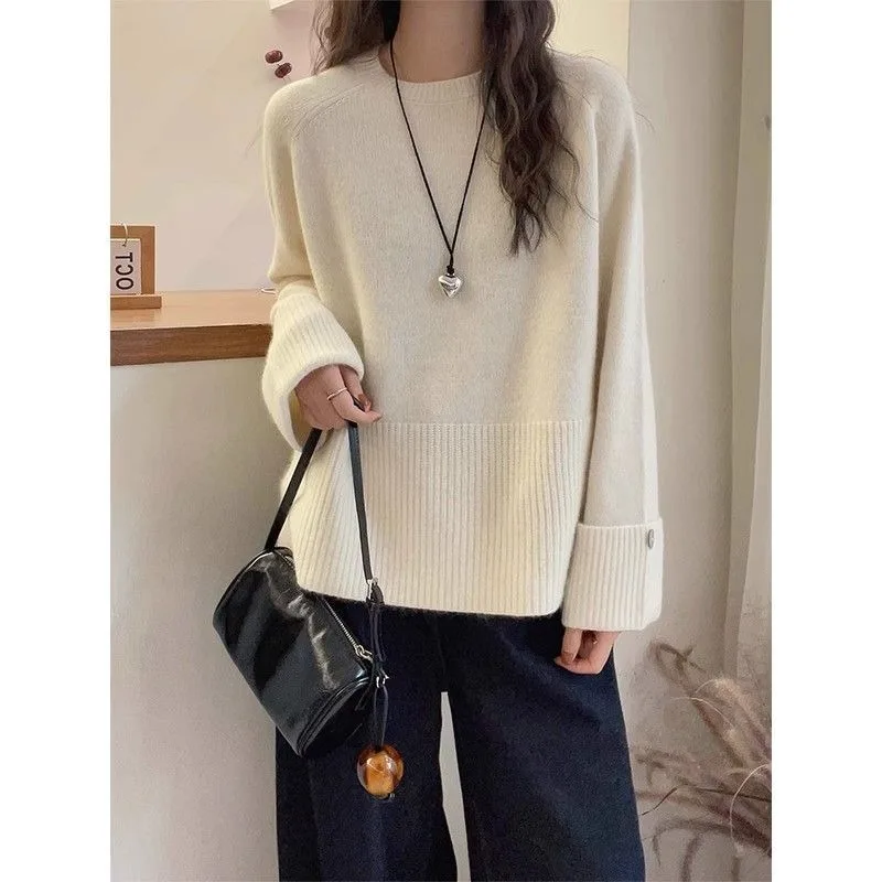 

French Cuffs Thickened Round Neck Sweater for Women in Autumn Winter Soft and Waxy Inner Layering Knitted Sweater Top
