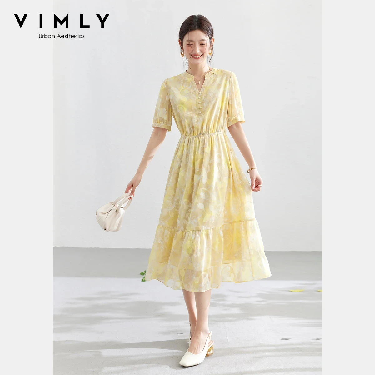 VIMLY Women's Yellow Floral Midi Dress 2026 Summer New Elegant Round Neck Tiered Ruffle Short Sleeve Casual A-Line Dress A6056