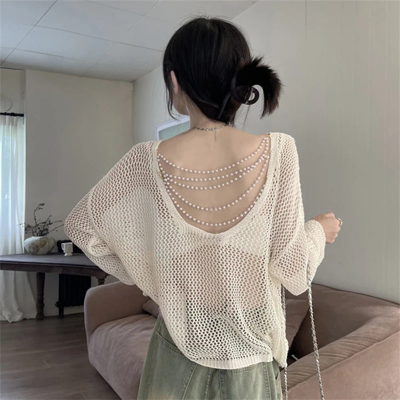 White Pearl Chain Shirts Women Sexy Black Hollow Out Sun Protection Blouses Summer Korean Oversized Backless Long Sleeve Tops