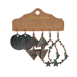 Vintage Bohemian Style Ethnic Earrings Antique Bronze Geometric Pattern Engraved Earrings 3-Piece Set 2020 Jewelry Gift
