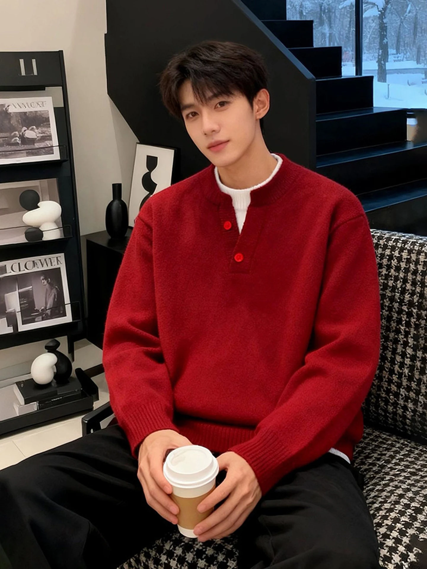 

Red Henry Collar Knitted Sweater Men's Thiened Winter Casual Sle round Ne Knitwear Fake Two-Piece Sle New Year's Set