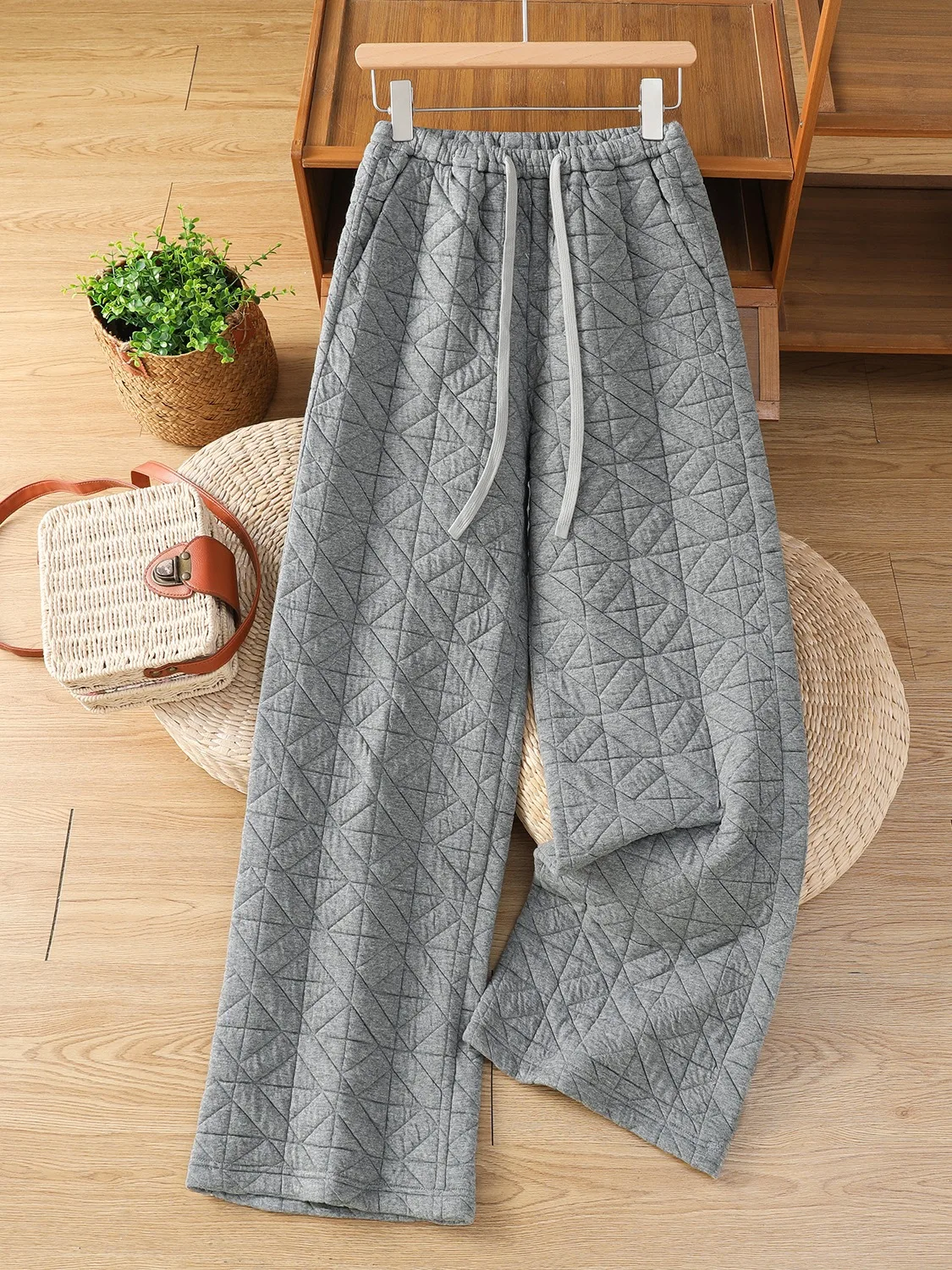 

High Waist Cotton Wide Leg Pants Women's Autumn Winter Thiened Warm Dstring Casual Straight Cut Diamond id Pants