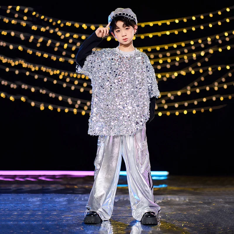 Jazz Dance Costumes Silver Sequined Tops Pleated Skirts Singers Music Festival Performances Girls Jazz Latin Dance Costumes