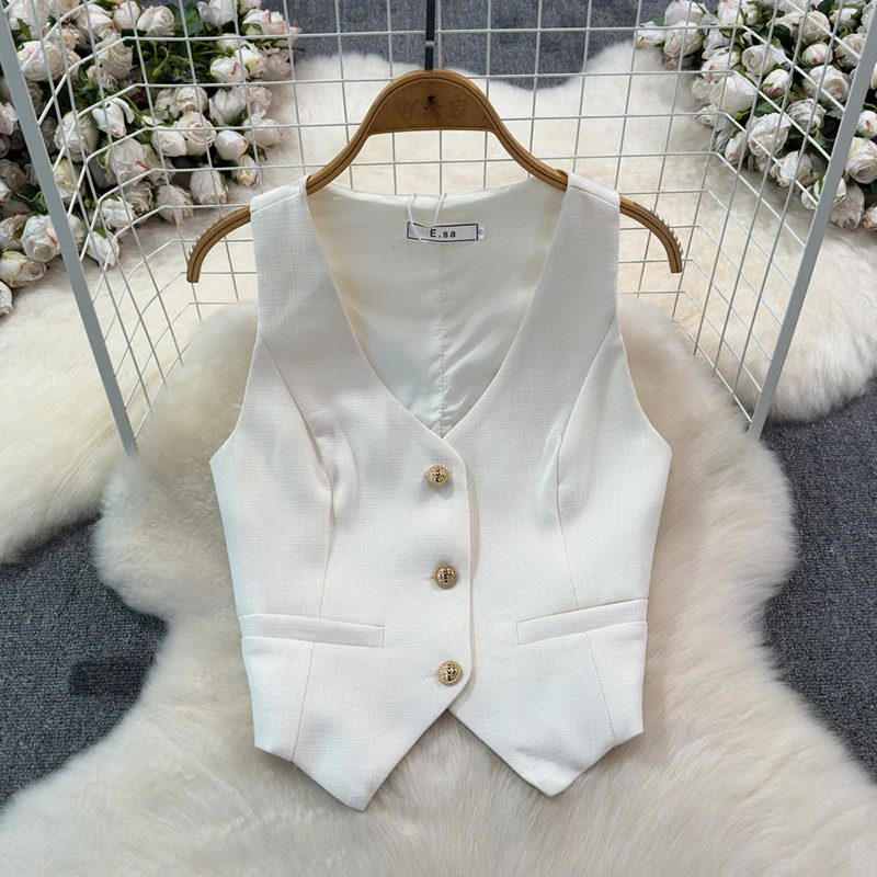 NOVEDAD DE VERANO 2021, traje pequeño de estilo fragante con cuello en V y hebilla de Metal, chaleco + Falda corta plisada, conjunto de dos piezas liso y elegante para mujer