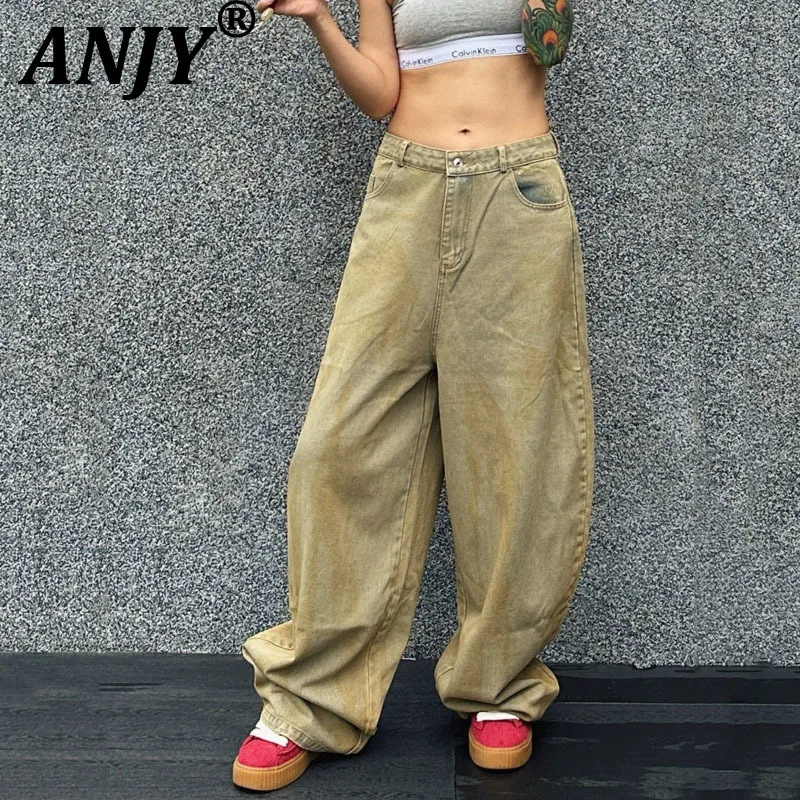 

ANJY Autumn New Women American Chic Jeans Personality Washed Distressed Pockets Trendy Streetwear Punk Hip Hop Denim Pants A9193
