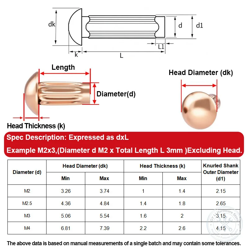 M2 M2.5 M3 M4 GB827 Red Copper Knurled Solid Rivet Round Head Nameplate Rivet Length 3-12mm For Logo Tag Plate Hardware Fastener