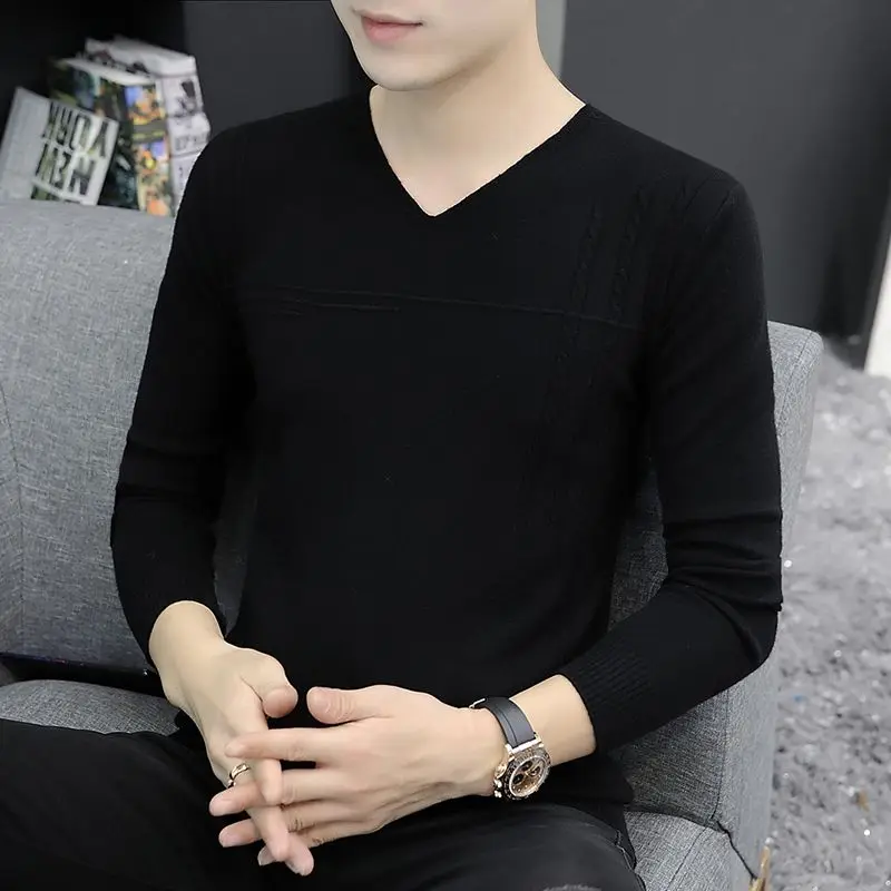 Autumn Long Sleeved V-neck Velvet Solid Color Underlay T-shirt for Men's Simple Cotton Wash Comfortable Top  Shirt Z57