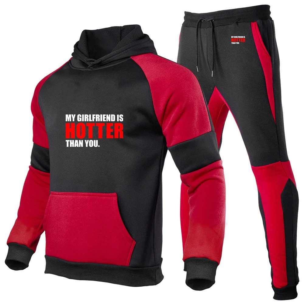 My Girlfriend Is Hotter Than You Spring And Autumn 2026 Men's New Patchwork Color Warm Casual Hoodie+Sports Pants Suit