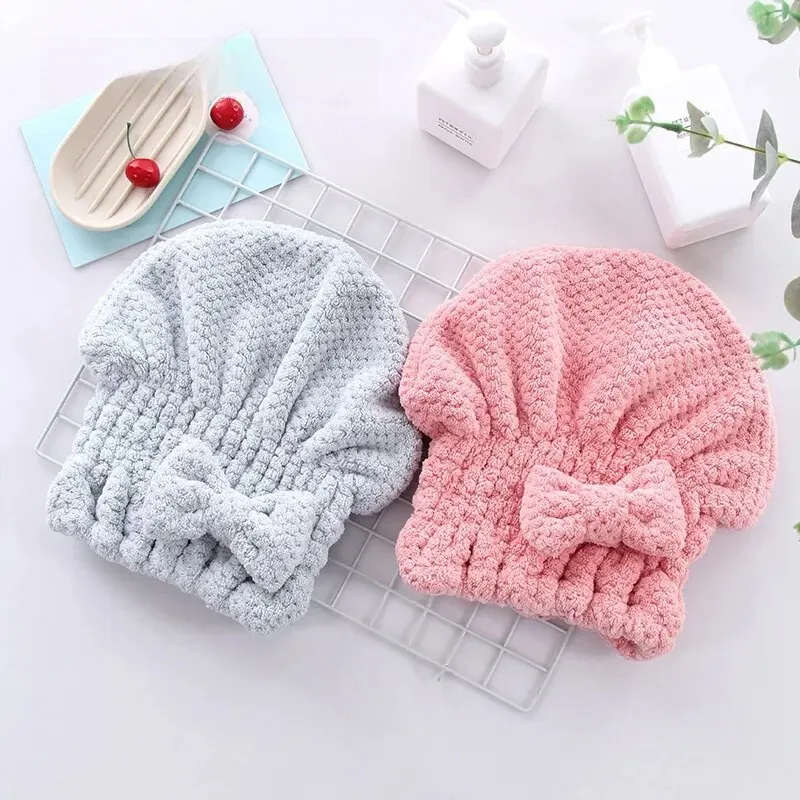 1pc Bow Decor Hair Drying Cap, Cute Thickened Hair Towel For Bathroom, Women\'s Super Absorbent Quick-drying Shower Cap, Bathroom