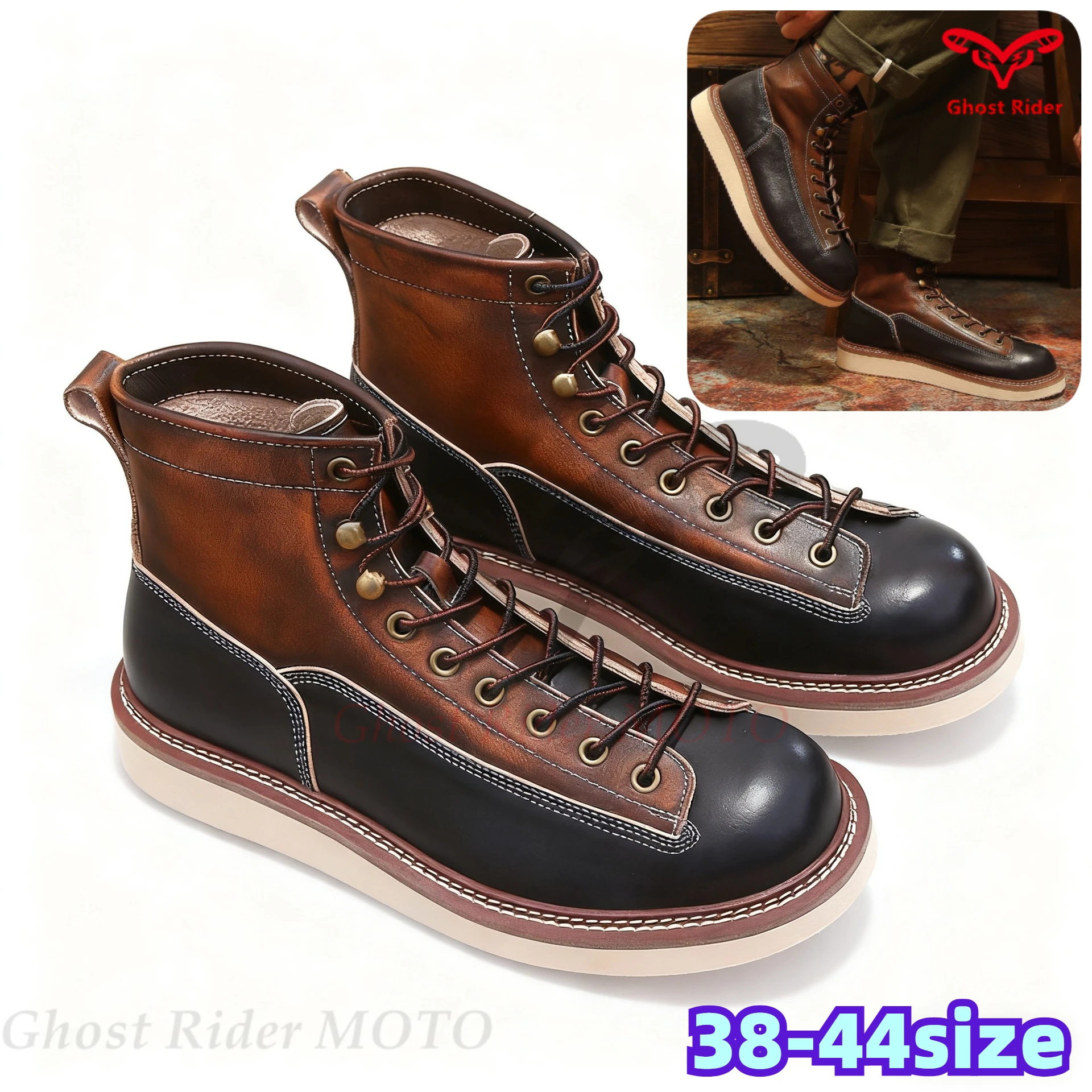 Retro motorcycle boots men leather tooling boots keep warm increase height black color matching thick bottom trend 38-44 size
