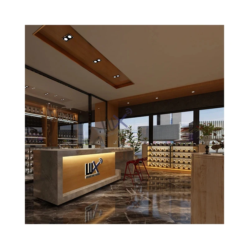 

custom.Customized LED Light Wood Grain Melamine Board Wine Display Gondola Fashionable Showcase Liquor Shops Store Decor