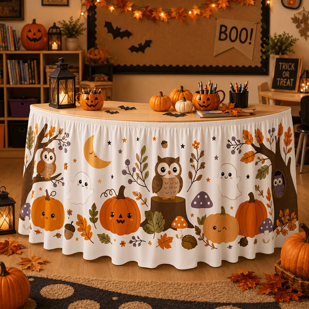 Cute autumn Halloween table skirt, featuring owl and star cartoon prints of a forest harvest Halloween party decorationxzj