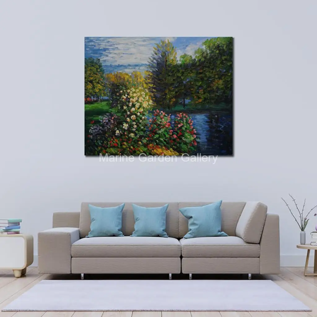 Handmade Classic Contemporary Canvas Claude Monet Art Corner Garden Montgeron Oil on Masterpiece Oversize Bedroom Wall Decor