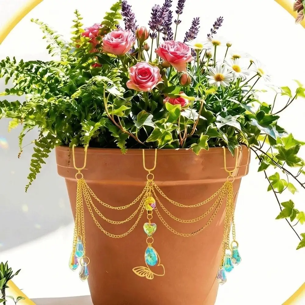 Colorful Flower Pot Crystal Sun Catcher Reflective Butterfly Design Crystal Beaded Plant Hanger Exquisite Decorative