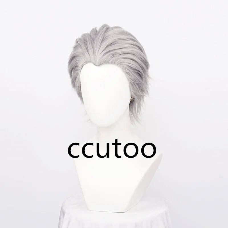 Wig Cosplay Vergil Sintetis Pria Rambut Palsu Pendek Perak Abu-abu Terkelim Ke Belakang Tahan Panas Rambut Wig + Topi Wig