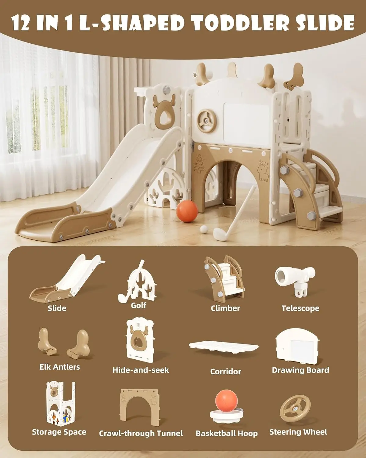 12 in 1 Kids Slide for Toddlers, Toddler Slide Playset with Golf, Drawing Board, Climber, Basketball Hoop and Storage Space, Indoor Outdoor Toddler Playground for Kids Age 1-3 (Brown)