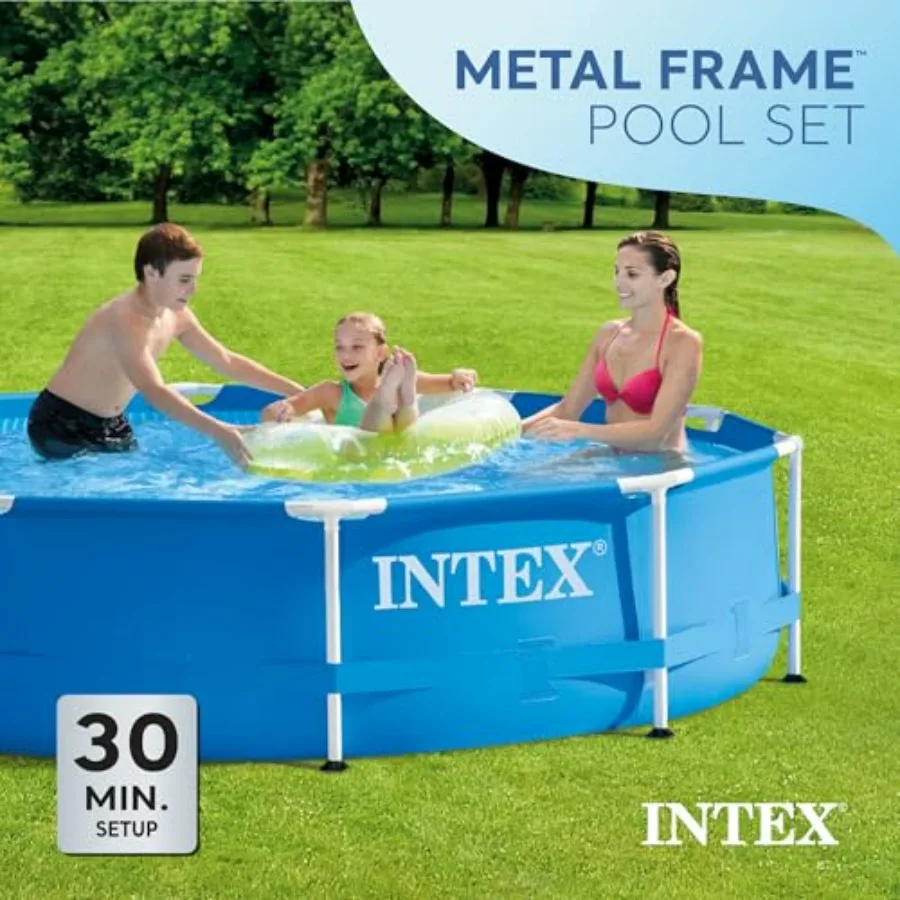 Outdoor round swimming pool set with metal frame, silver color, rust-resistant coating for durability and easy assembly